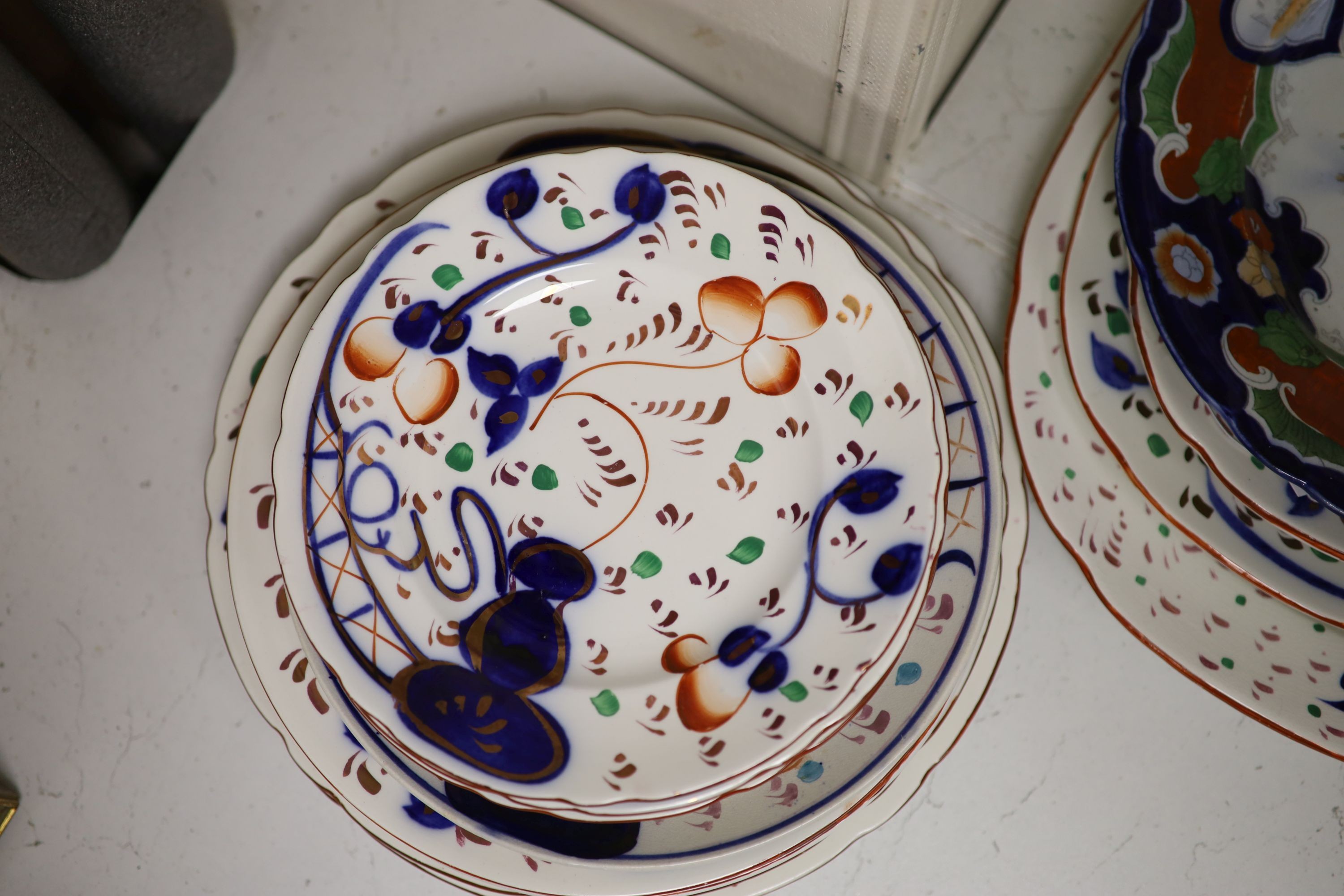 A Welsh Gaudy Pottery part dinner service and an Ironstone dish